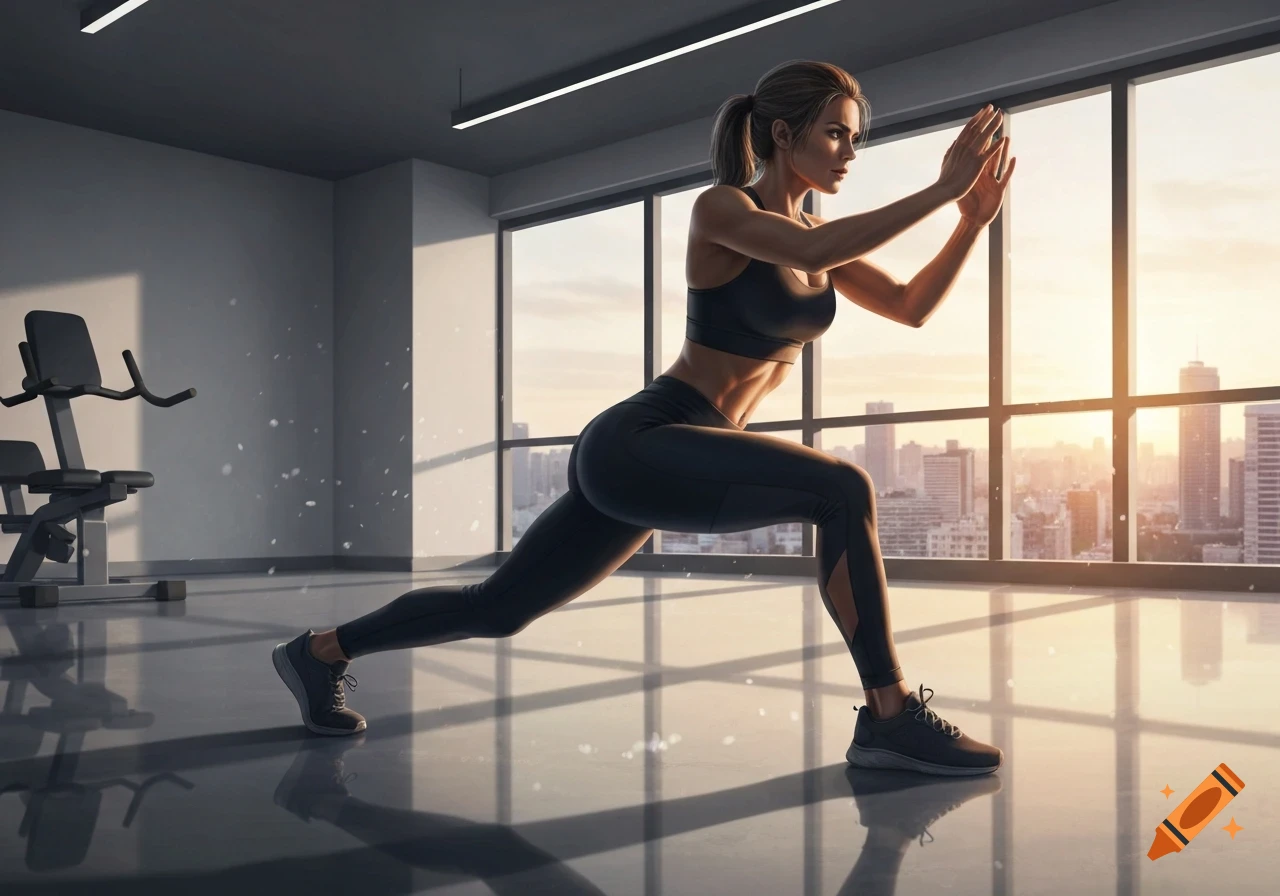 Woman in activewear performing a lunge in a modern gym with a city skyline view at sunset.
