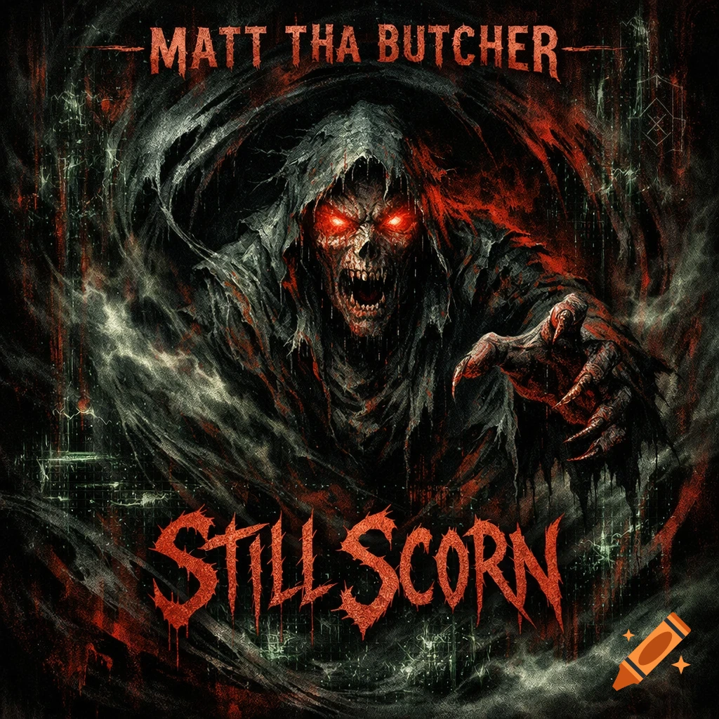 Horrorcore album cover with a hooded skeletal figure, glowing red eyes, sharp claws, and dark, bloody textures. Text: 'MATT THA BUTCHER STILL SCORN'.