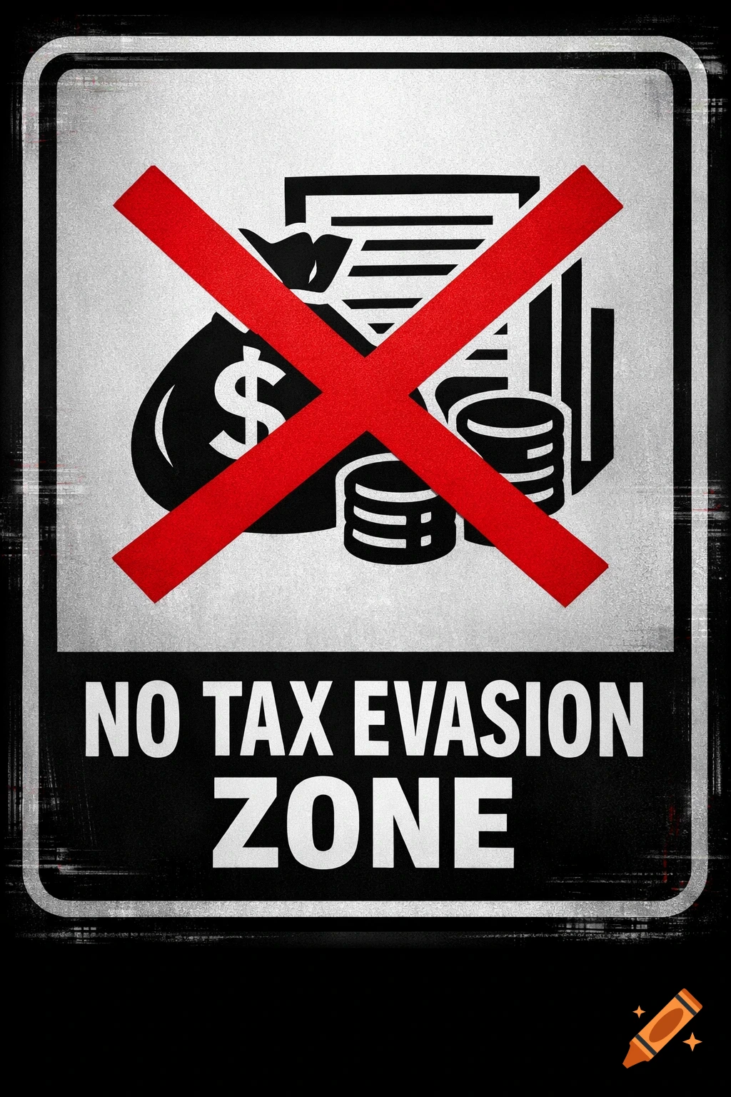 A grunge-style 'NO TAX EVASION ZONE' sign with a red X over icons of money, documents, and coins.