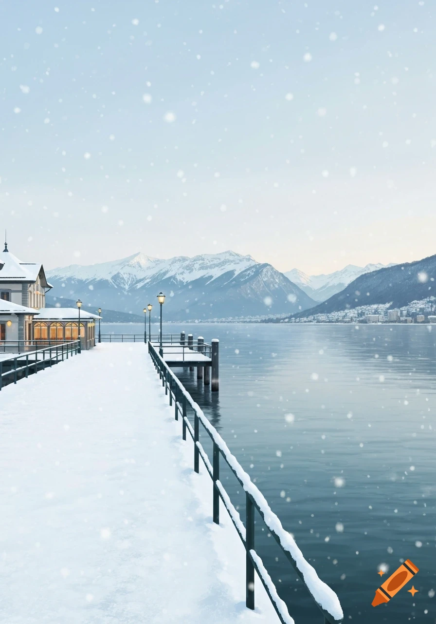A snowy pier extends into a calm lake, flanked by buildings under a light snowfall, with majestic snow-capped mountains in the background.