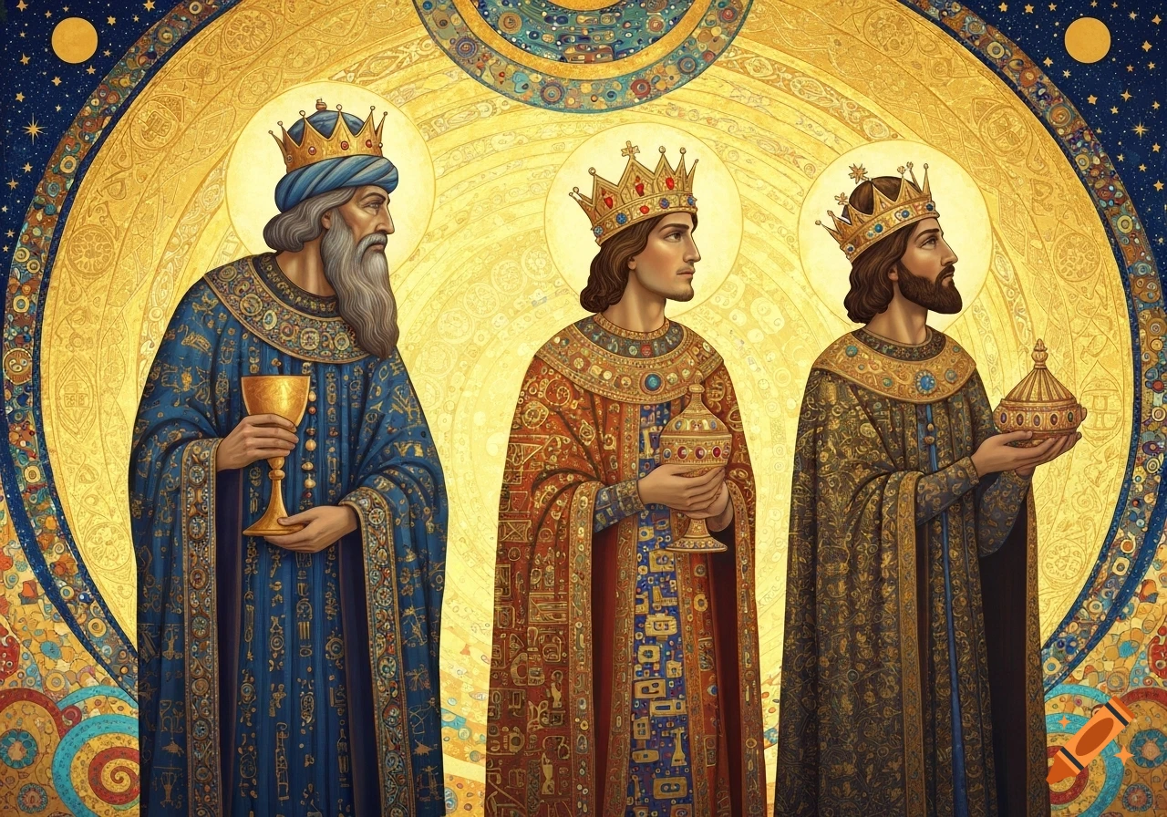 Three robed kings in crowns hold a chalice, an ornate vessel, and a small domed gift, in a detailed, golden Klimt-like art style.