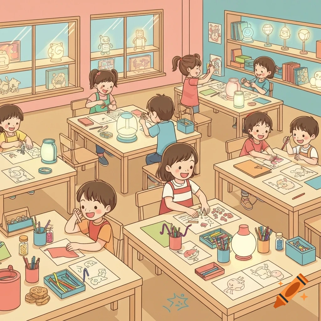 Illustrated scene of happy children drawing and crafting in a bright classroom workshop.
