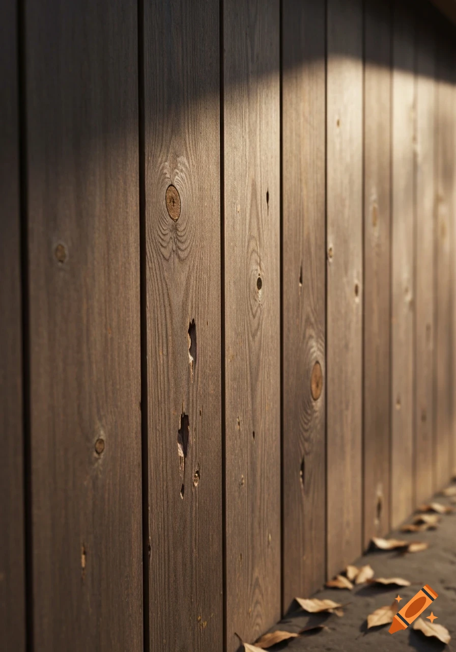 A close-up, photorealistic view of a weathered wooden wall with visible grain and knots, illuminated by sunlight casting shadows.