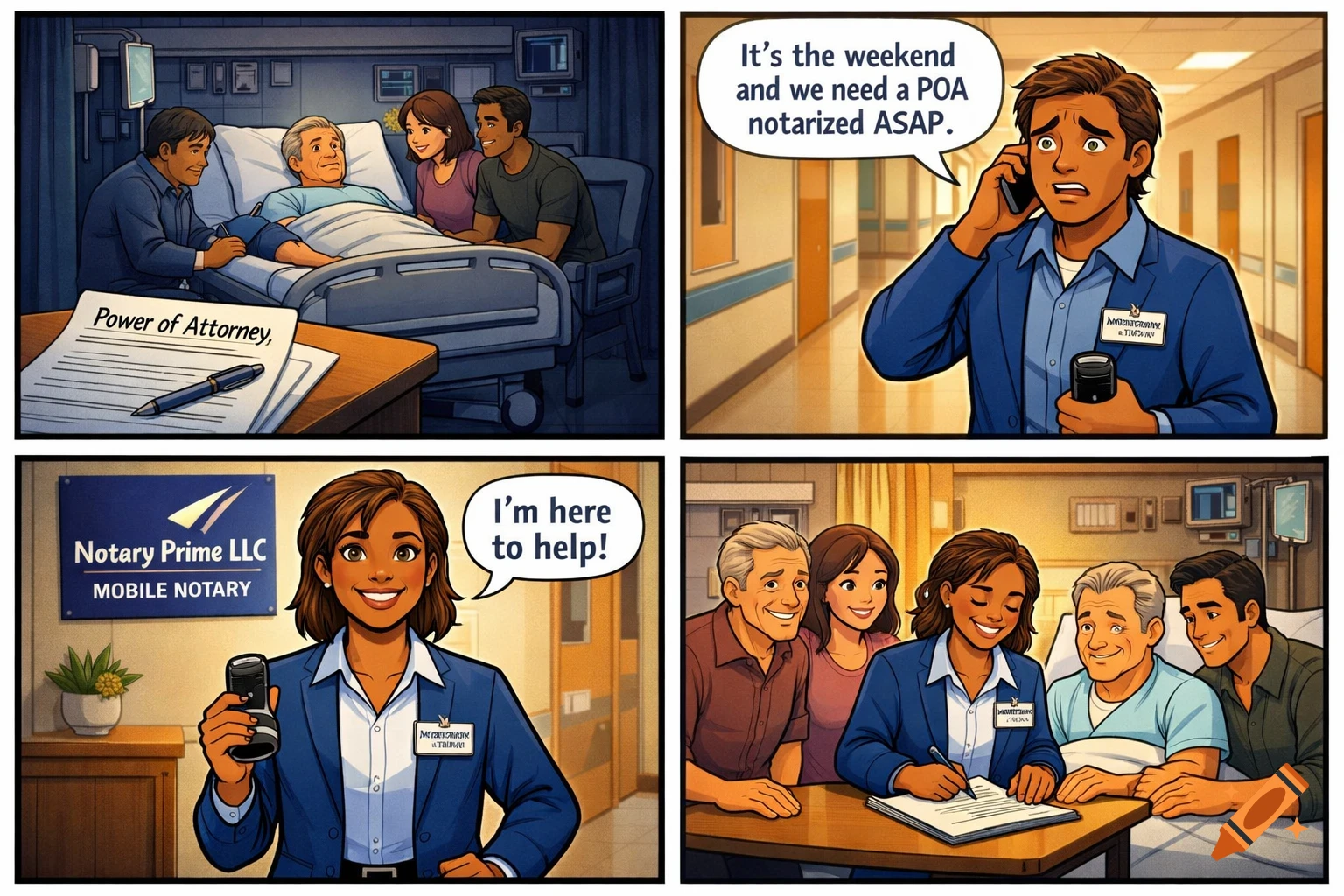A four-panel comic strip shows a family needing a Power of Attorney for a hospital patient, a mobile notary arriving, and then the notary overseeing the signing of the document, with the family looking relieved.