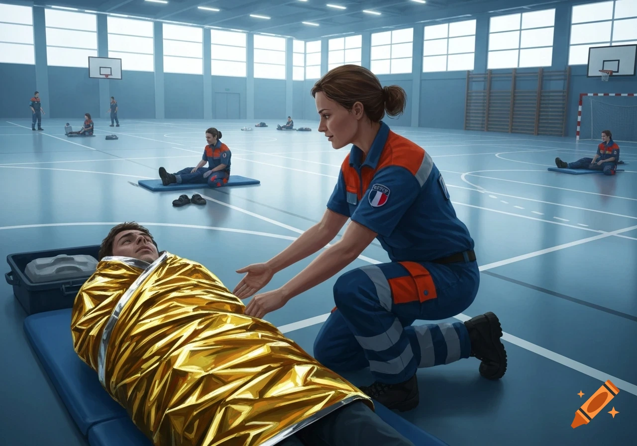 A female rescuer in a blue and orange uniform kneels beside a person wrapped in a golden emergency blanket on a stretcher in a large gymnasium.
