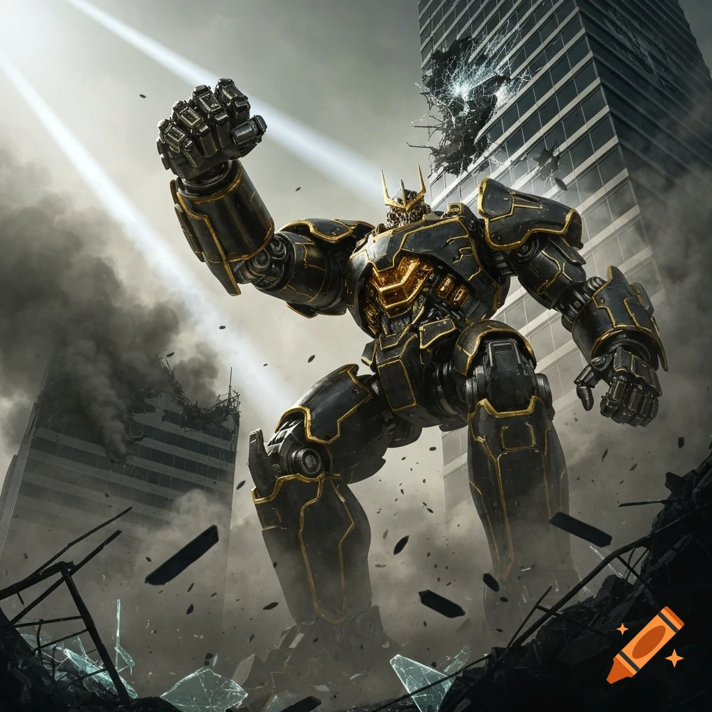 A giant black and gold robot stands majestically amidst the ruins of a city, with destroyed buildings and debris.