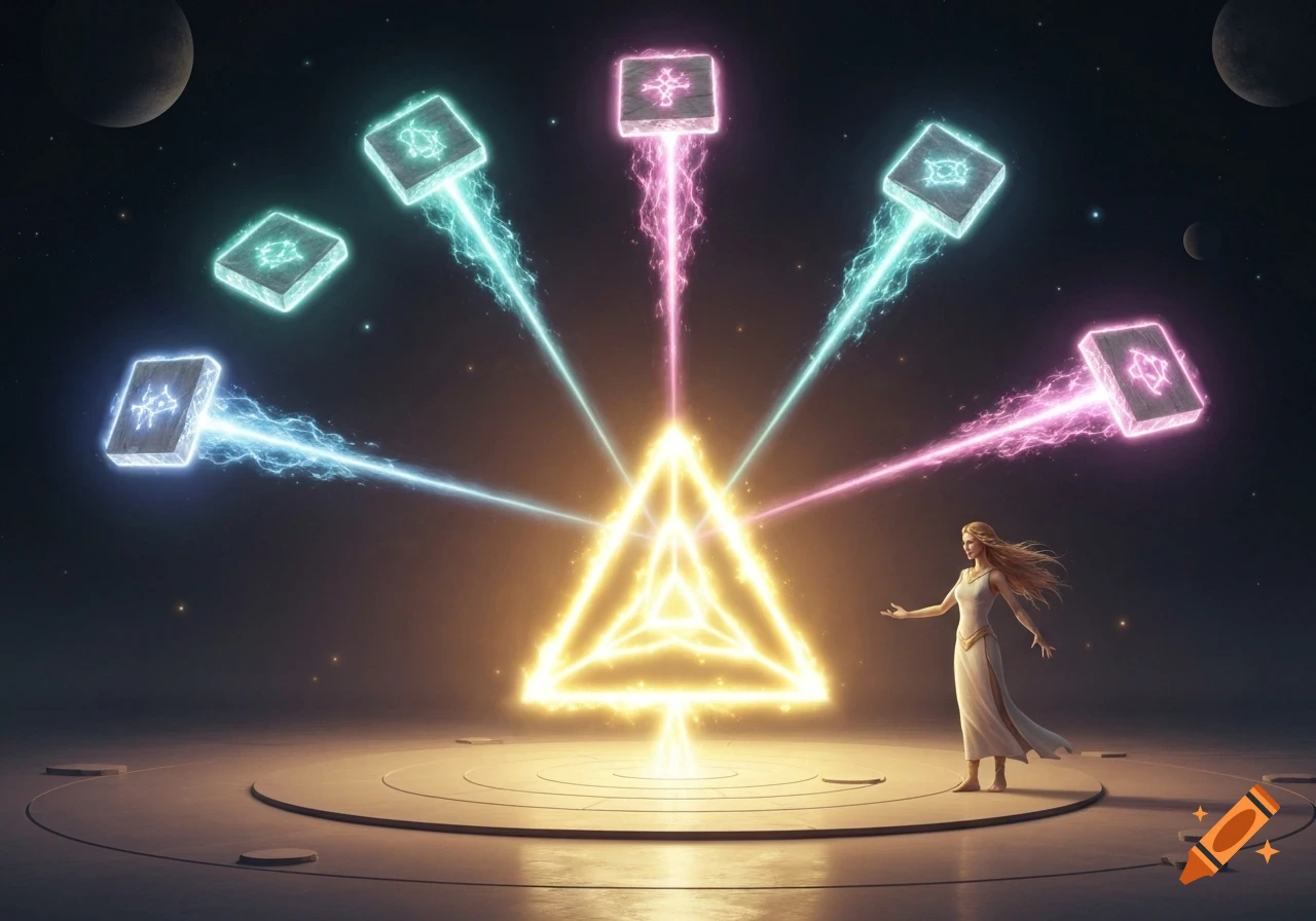 A golden-haired woman stands on a platform, reaching out to a radiant triangular light formation. Six glowing rune-etched fragments float around it in a cosmic setting, emitting colorful energy beams.