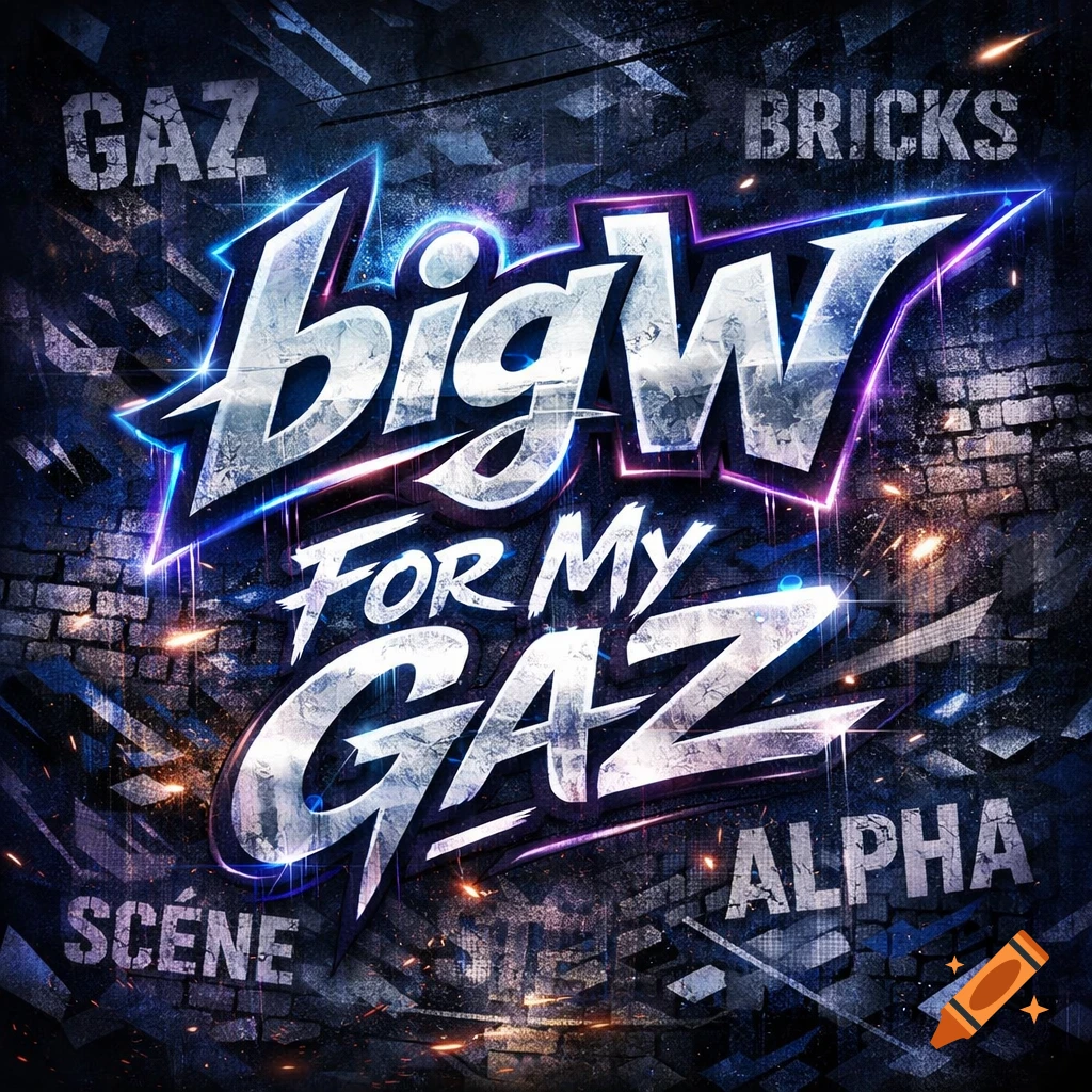 A stylized album cover features glowing, metallic graffiti-style text 'bigW FOR MY GAZ' against a dark, distressed brick wall.