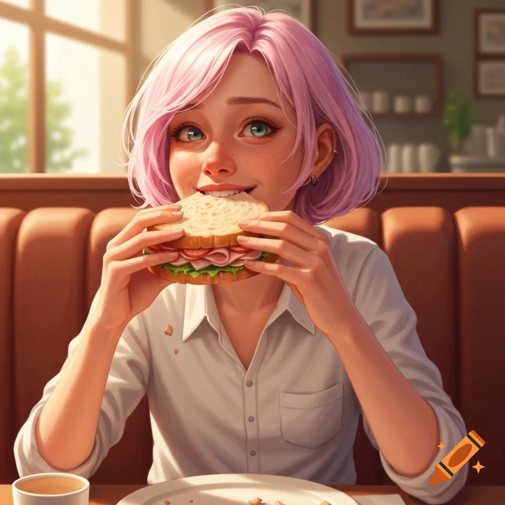 An anime-style person with pink hair smiles while taking a bite out of a sandwich, seated in a diner booth.