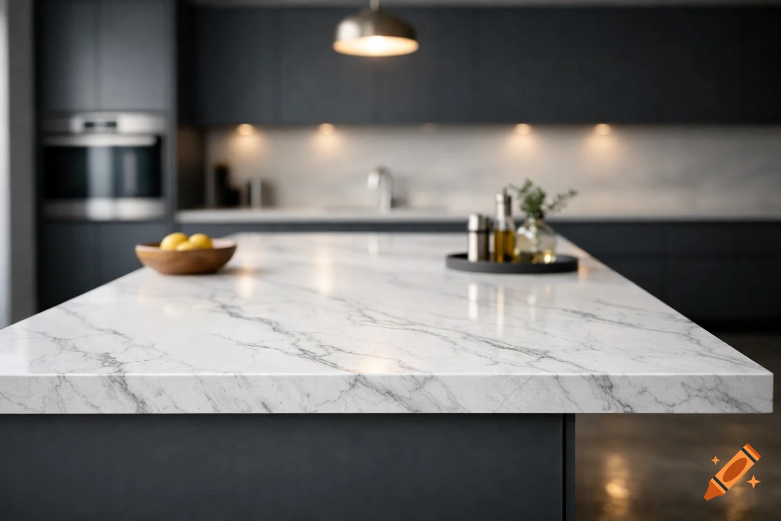Photorealistic modern kitchen with a white marble island countertop, a bowl of lemons, and oil and salt dispensers. Dark gray cabinets and an oven are in the blurred background.