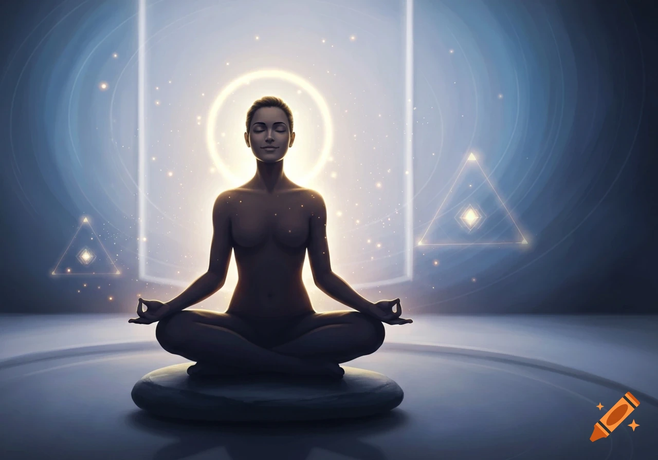 A bare-chested woman meditates in a lotus pose, glowing with cosmic energy in an ethereal blue space with geometric shapes.