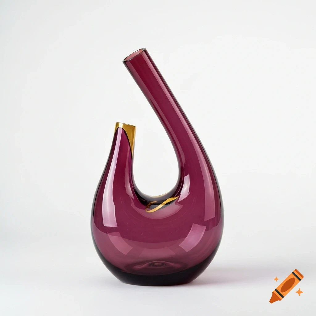 A uniquely shaped purple hand-blown glass wine decanter with gold accents, photographed on a white background.