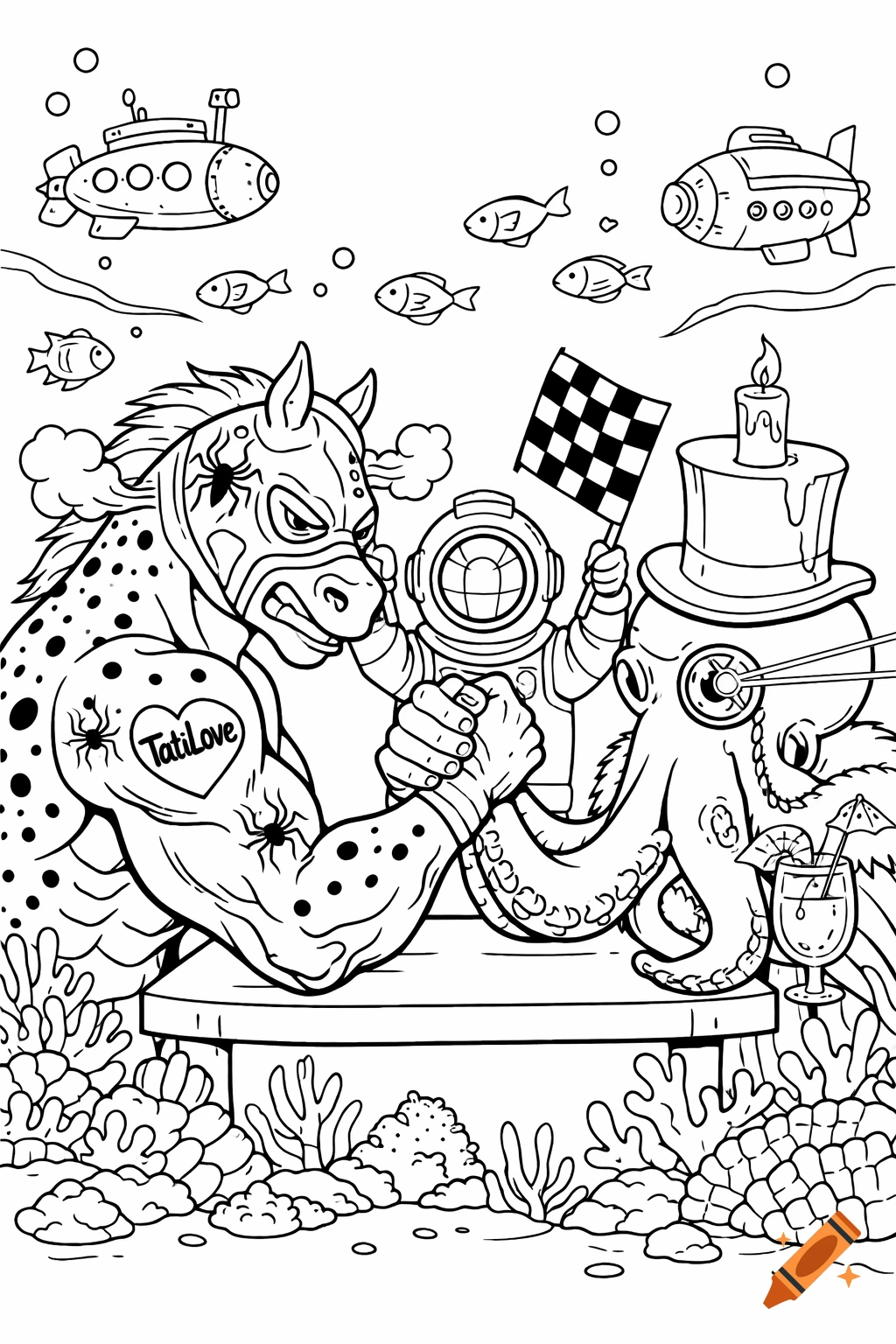 Line art coloring page showing a horse in a wrestling mask arm-wrestling an octopus in a top hat, in an underwater scene.