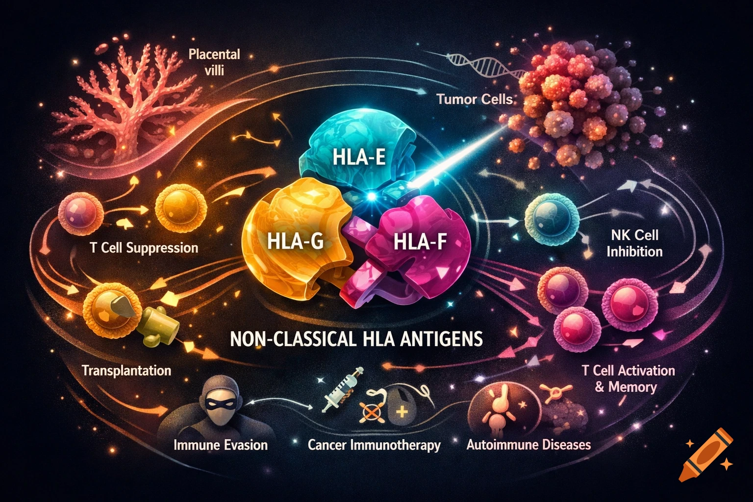 A colorful scientific diagram illustrating Non-Classical HLA Antigens (HLA-E, HLA-G, HLA-F) and their roles in processes like placental villi, tumor cells, T cell suppression, NK cell inhibition, immune evasion, cancer immunotherapy, transplantation, autoimmune diseases, and T cell activation.