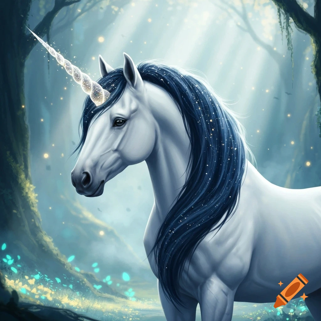 A white unicorn with a dark blue mane and a shimmering horn stands in an ethereal, light-filled forest.
