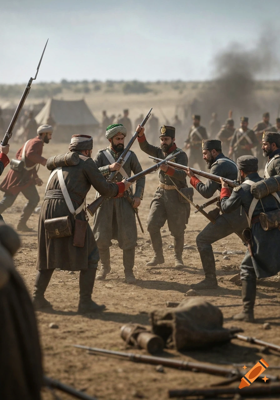 Photorealistic image of soldiers from different armies fighting on a dusty battlefield with rifles and bayonets.