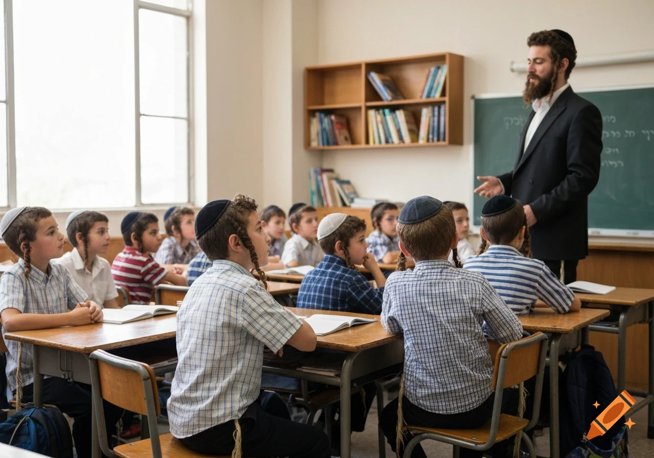 A bearded Jewish teacher teaches a class of young Jewish boys with sidelocks sitting at desks in a sunny classroom, photorealistic style.