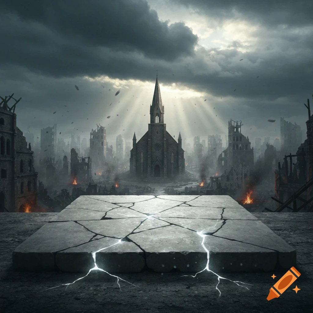 Cracked stone platform with glowing lightning in a dark, collapsing city centered by a church under a stormy, sun-lit sky.