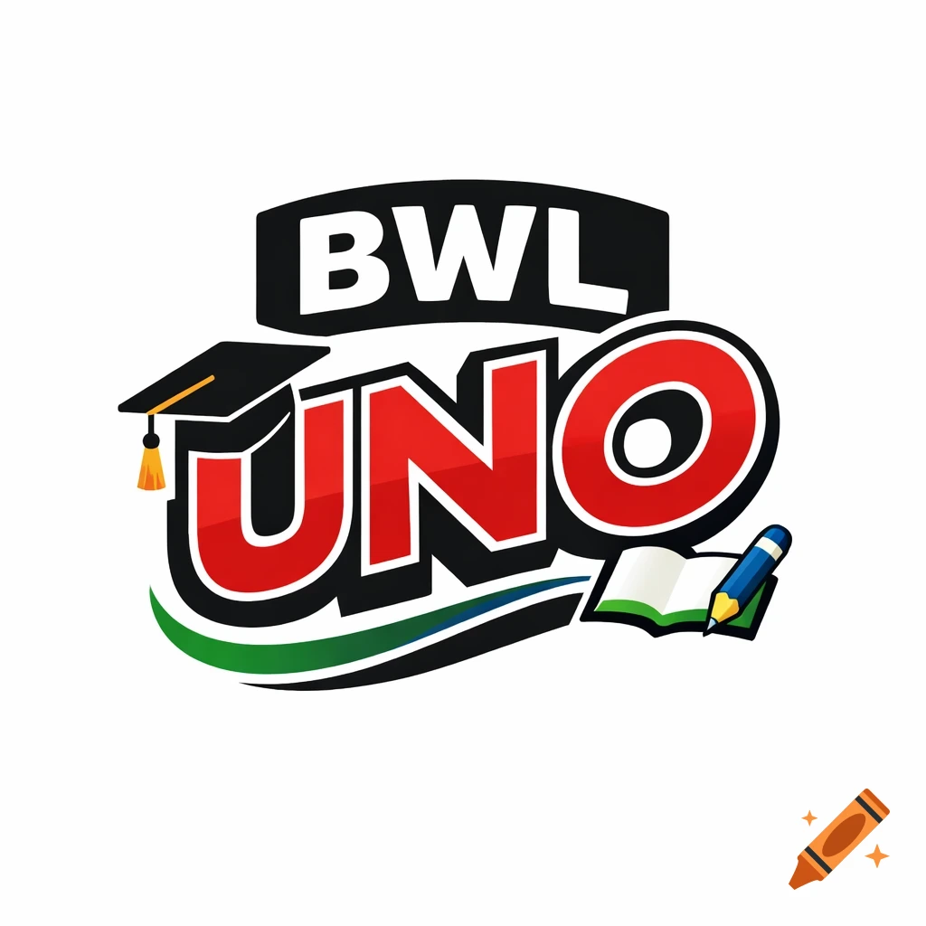 A stylized logo for "BWL UNO" in red and black, featuring a graduation cap, an open book, and a pencil, set against a white background with green and black swooshes.
