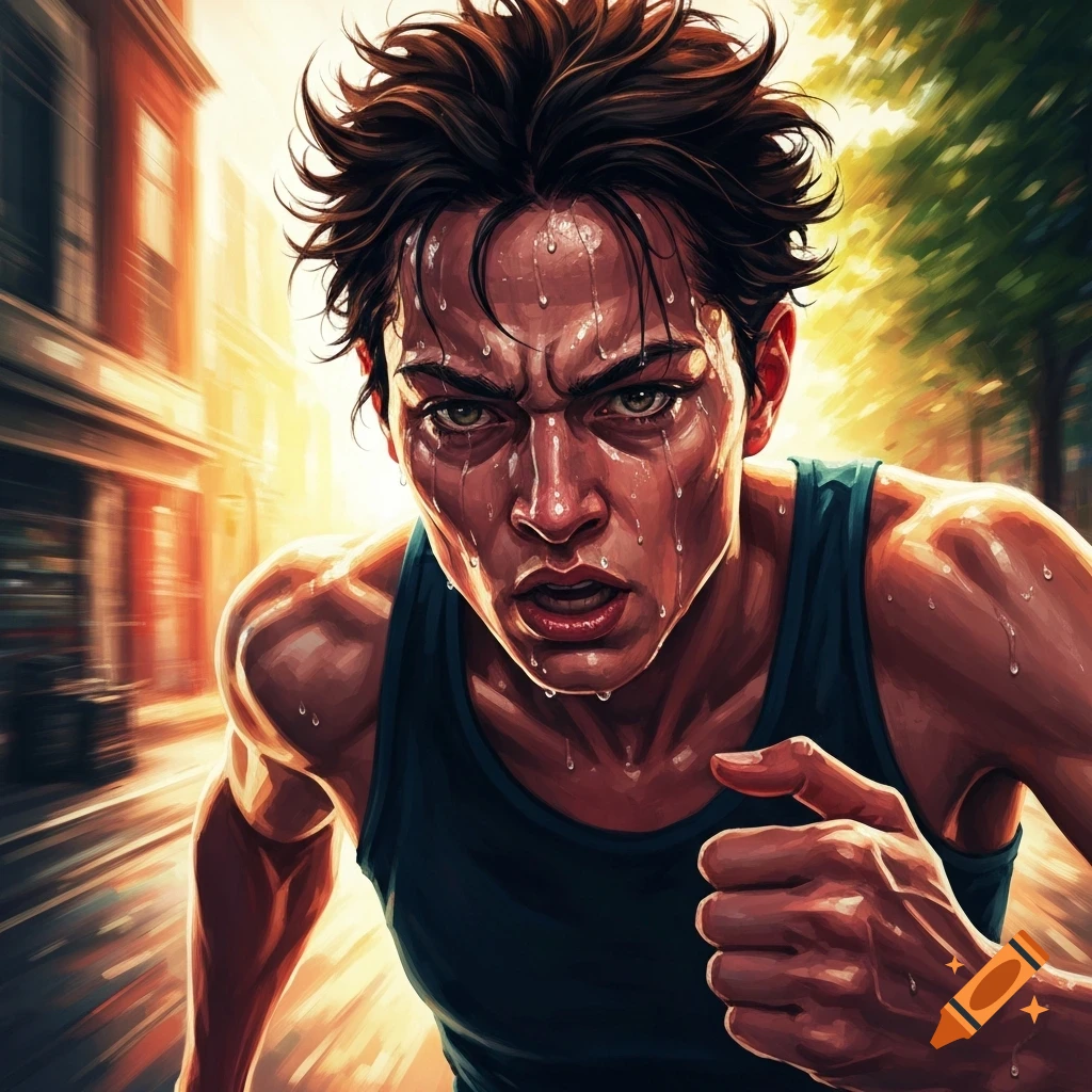 Close-up of a determined runner's sweaty, strained face mid-race, with a blurred city background.