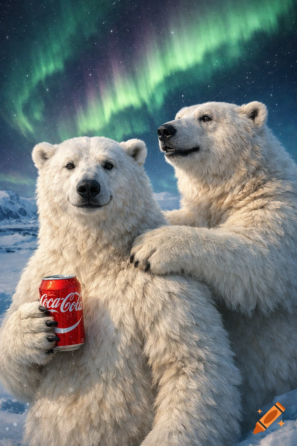 Photorealistic image of two anthropomorphic polar bears in an arctic landscape under the Northern Lights. One bear holds a Coca-Cola can.