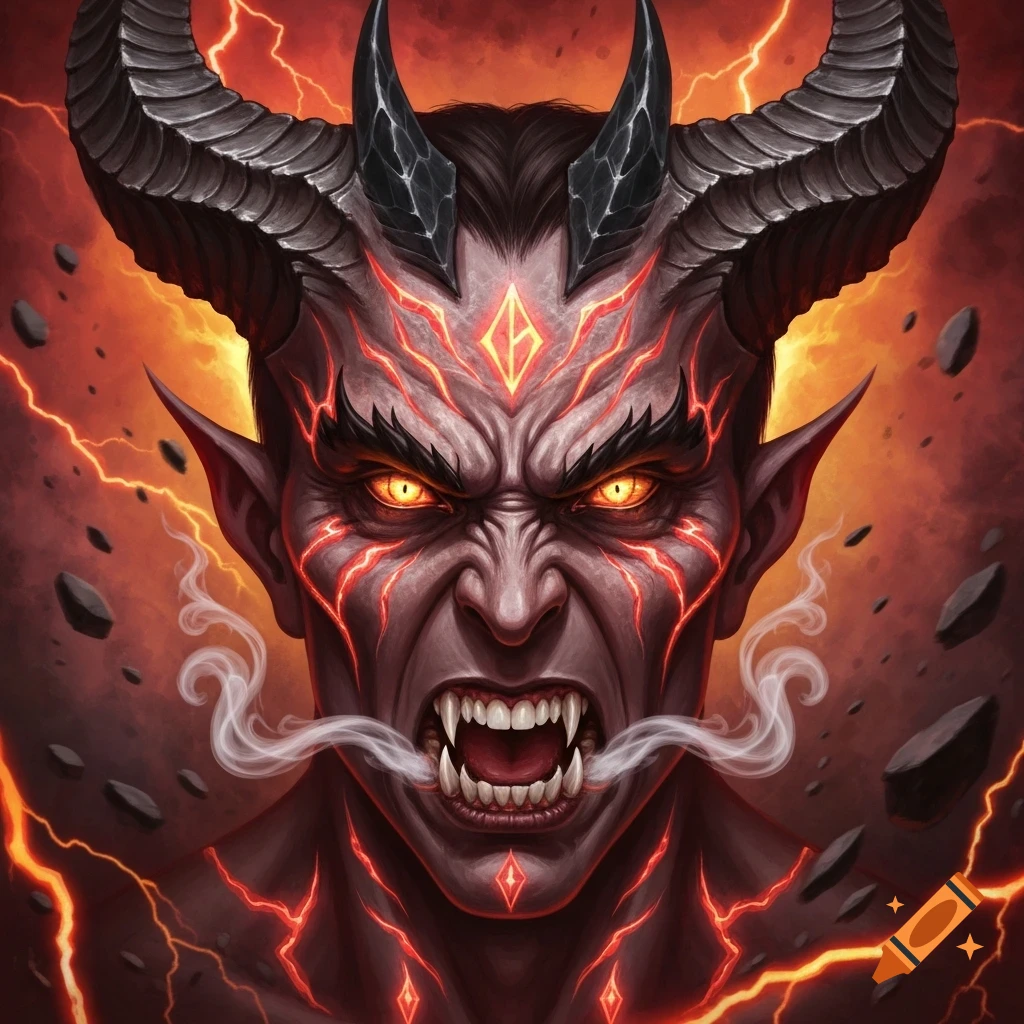A close-up of an angry demon king with large horns, glowing yellow eyes, sharp fangs, and red glowing markings on his face, against a background of fire and lightning.