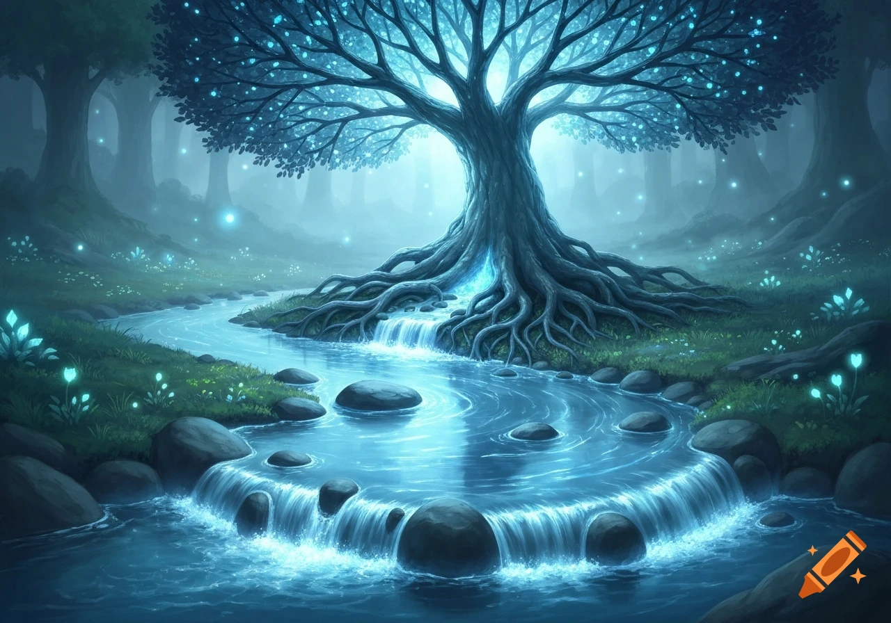 A luminous blue tree with exposed roots stands beside a glowing river ...