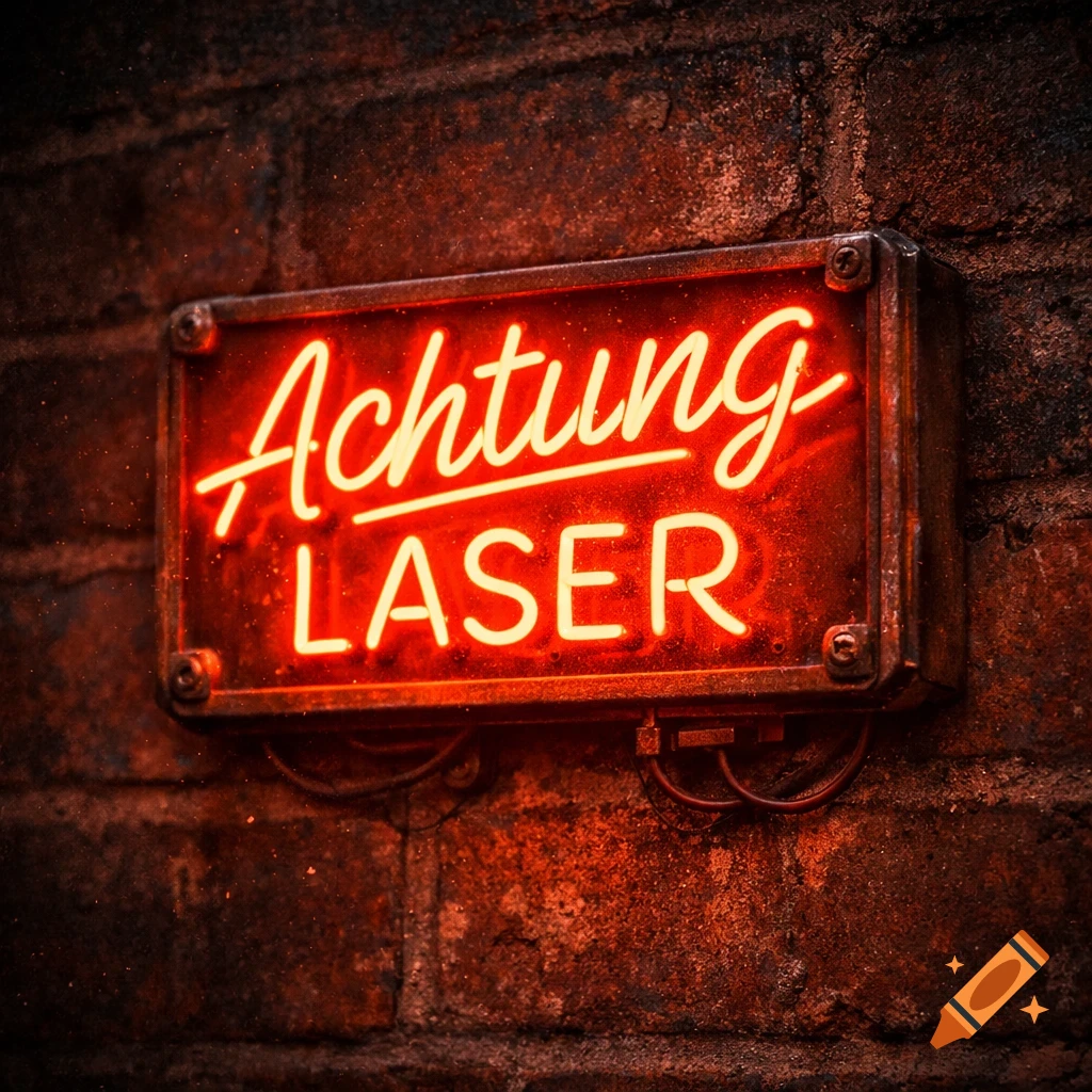 A glowing red neon sign reading 'Achtung LASER' on a rustic brick wall, in a photorealistic style.