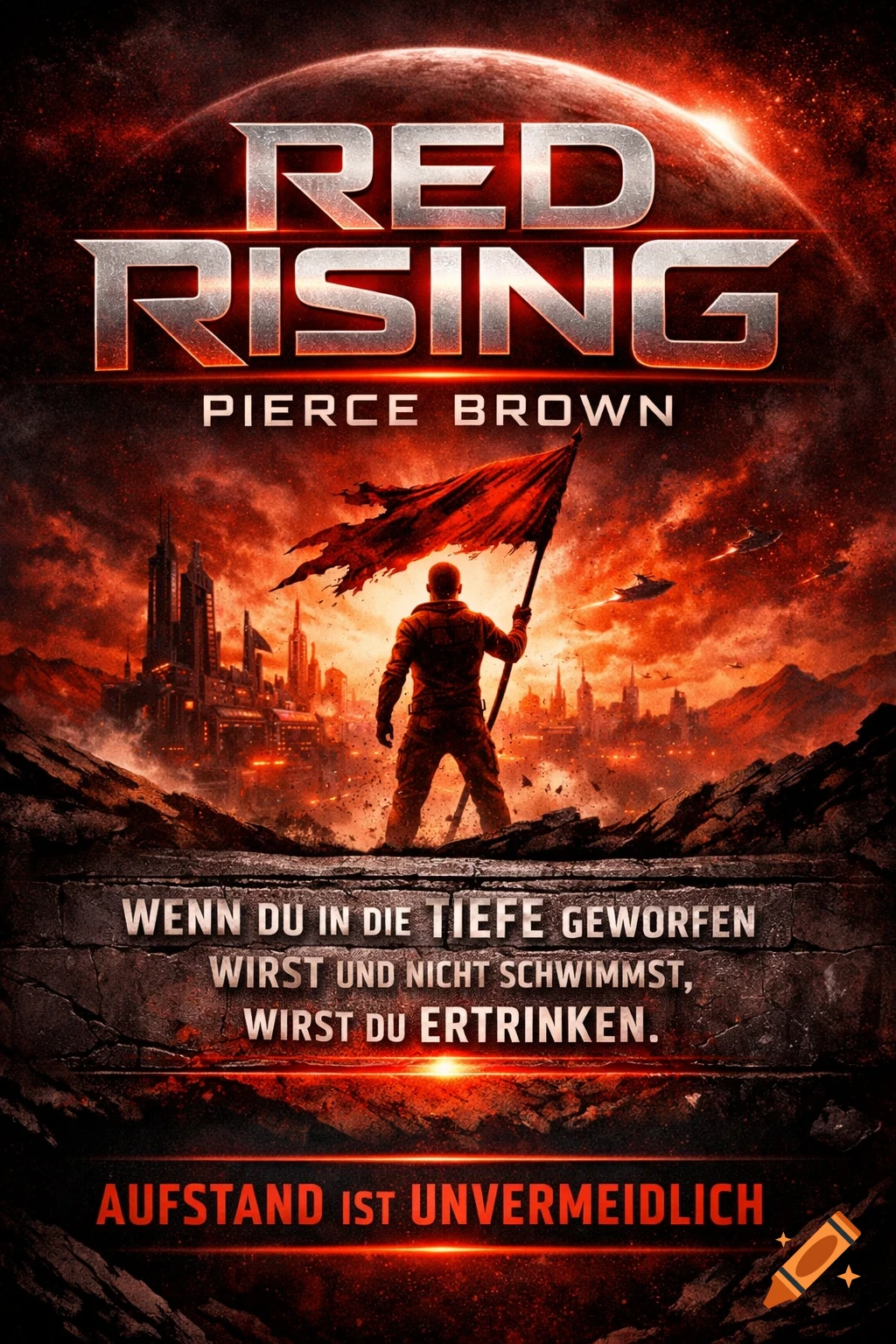 A dark, intense book cover for 'Red Rising' by Pierce Brown, featuring a lone figure holding a tattered red flag against a futuristic city and a red planet in space.