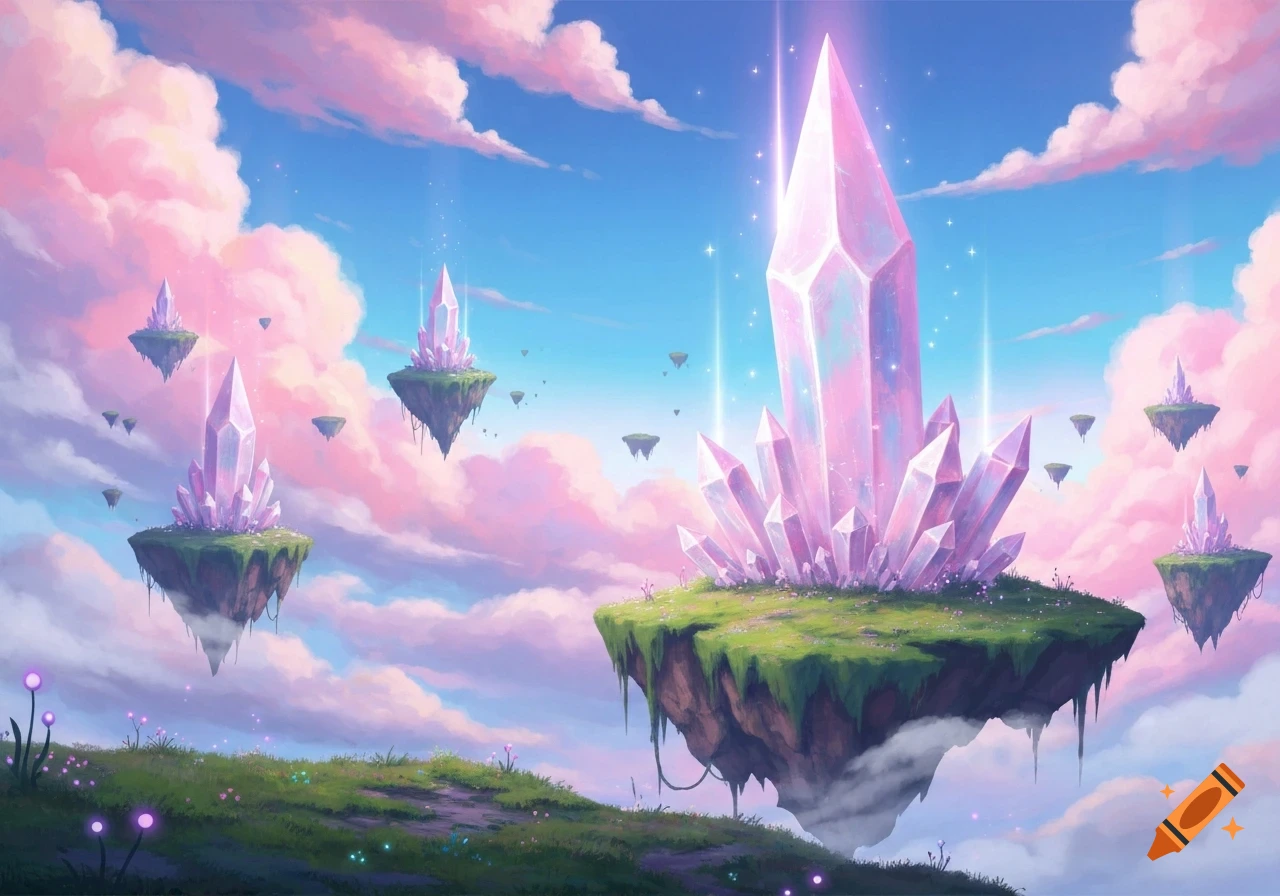 Surreal fantasy landscape with glowing pink crystals on floating islands under pastel clouds and a vibrant blue sky.