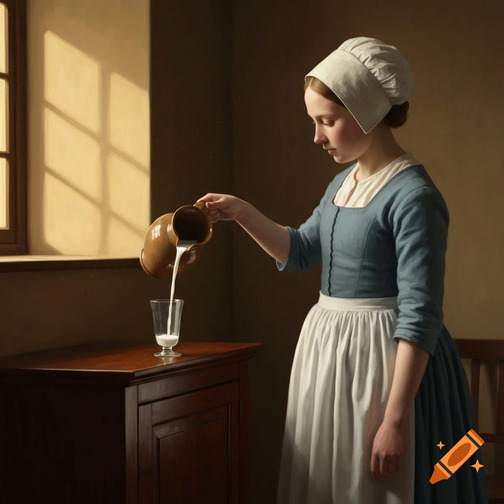 A young woman in 17th-century clothing pours milk from a ceramic jug into a glass on a dark wooden cabinet, bathed in sunlight from a window.