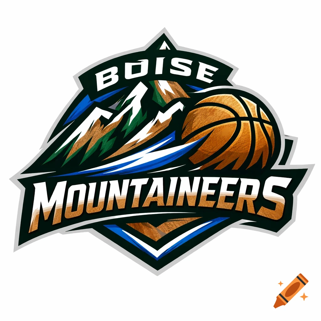 A sporty basketball logo featuring mountains, a basketball, and the text 'Boise Mountaineers'.