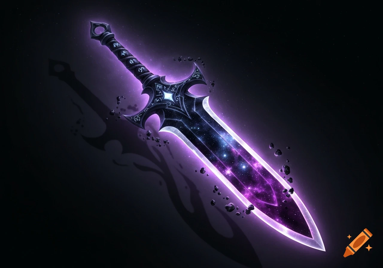 A fantasy sword with a glowing purple cosmic blade and runic hilt, floating on a dark, starry background.