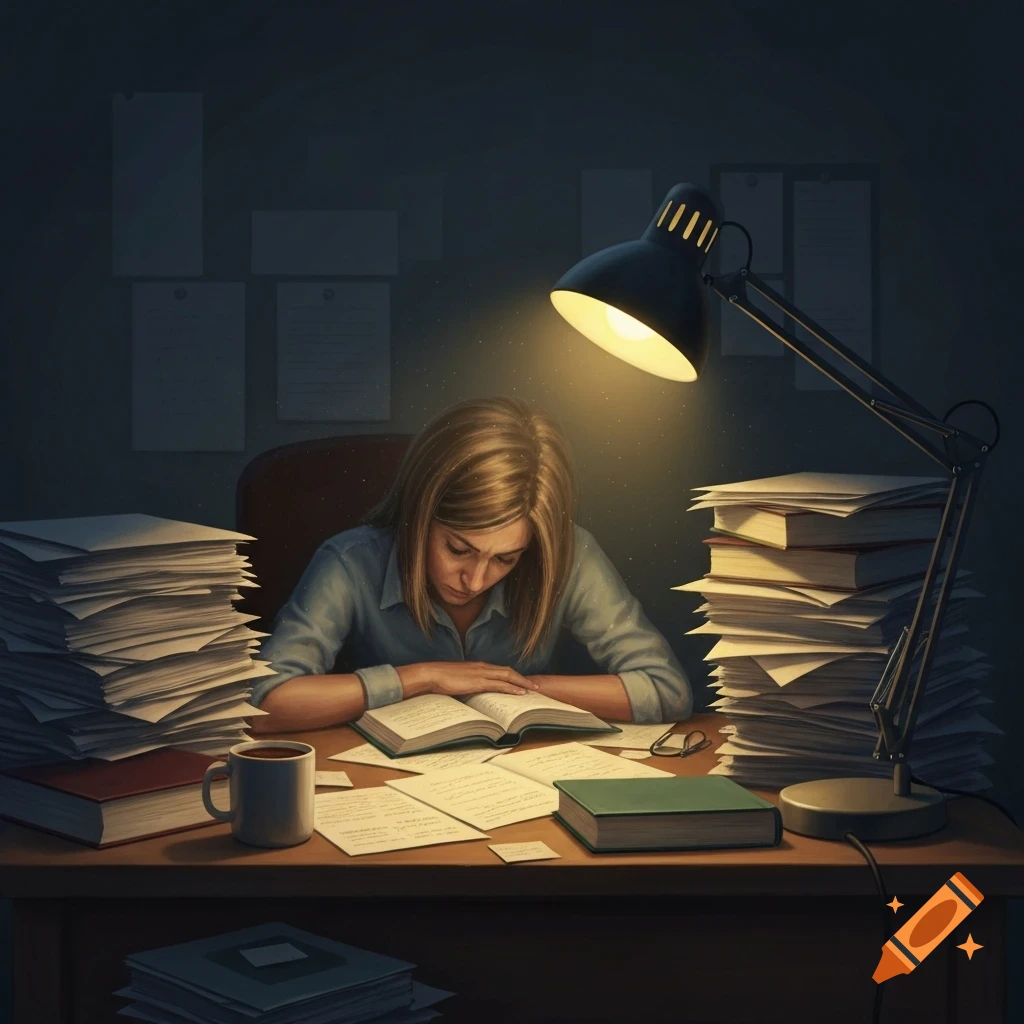 A weary woman with blonde hair studies late at a messy desk, illuminated by a desk lamp, surrounded by piles of papers and books.