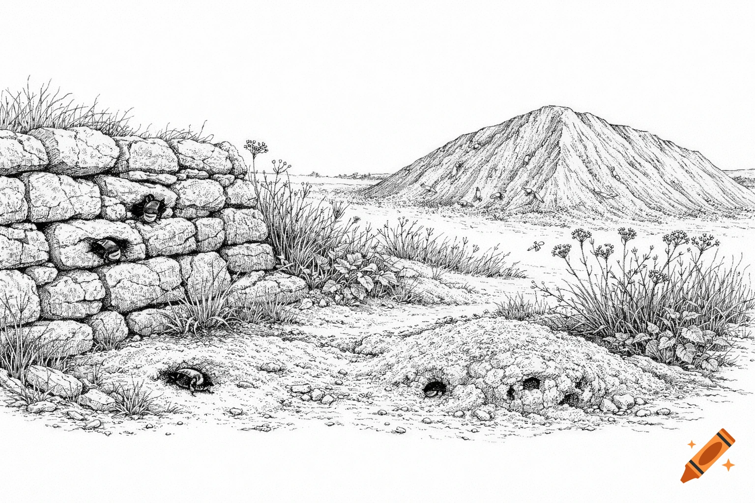 Highly detailed black and white pen-and-ink scientific illustration of a landscape with bee nesting habitats including a stone wall, sandy soil, and a potash heap.