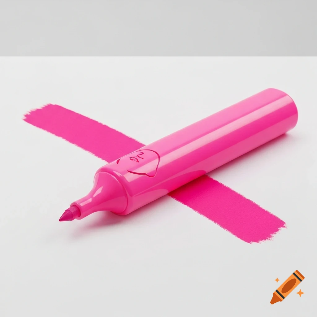 A bright pink highlighter with a stylized face design lies on a white surface, having drawn two intersecting pink lines.