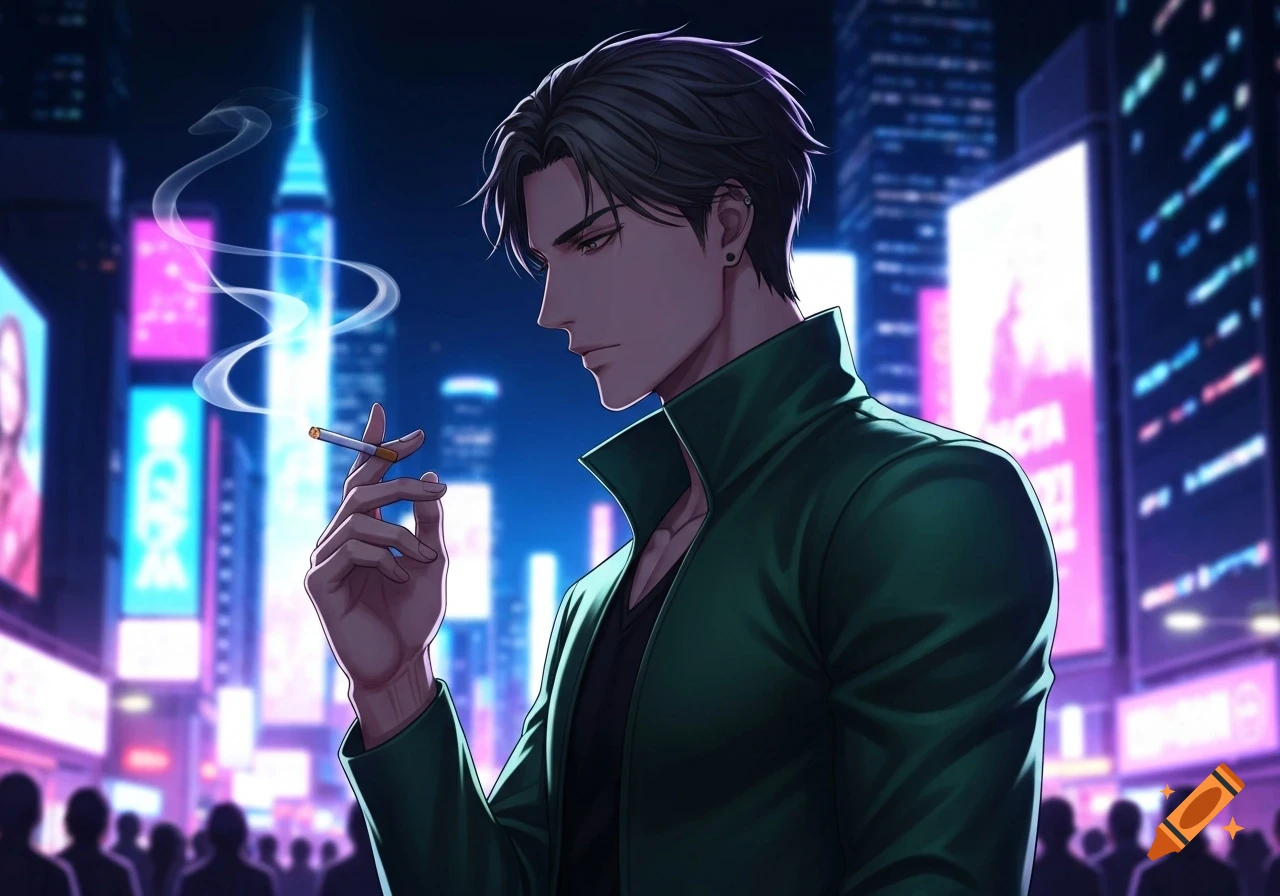 Anime male character smoking a cigarette in a vibrant neon-lit city at night.