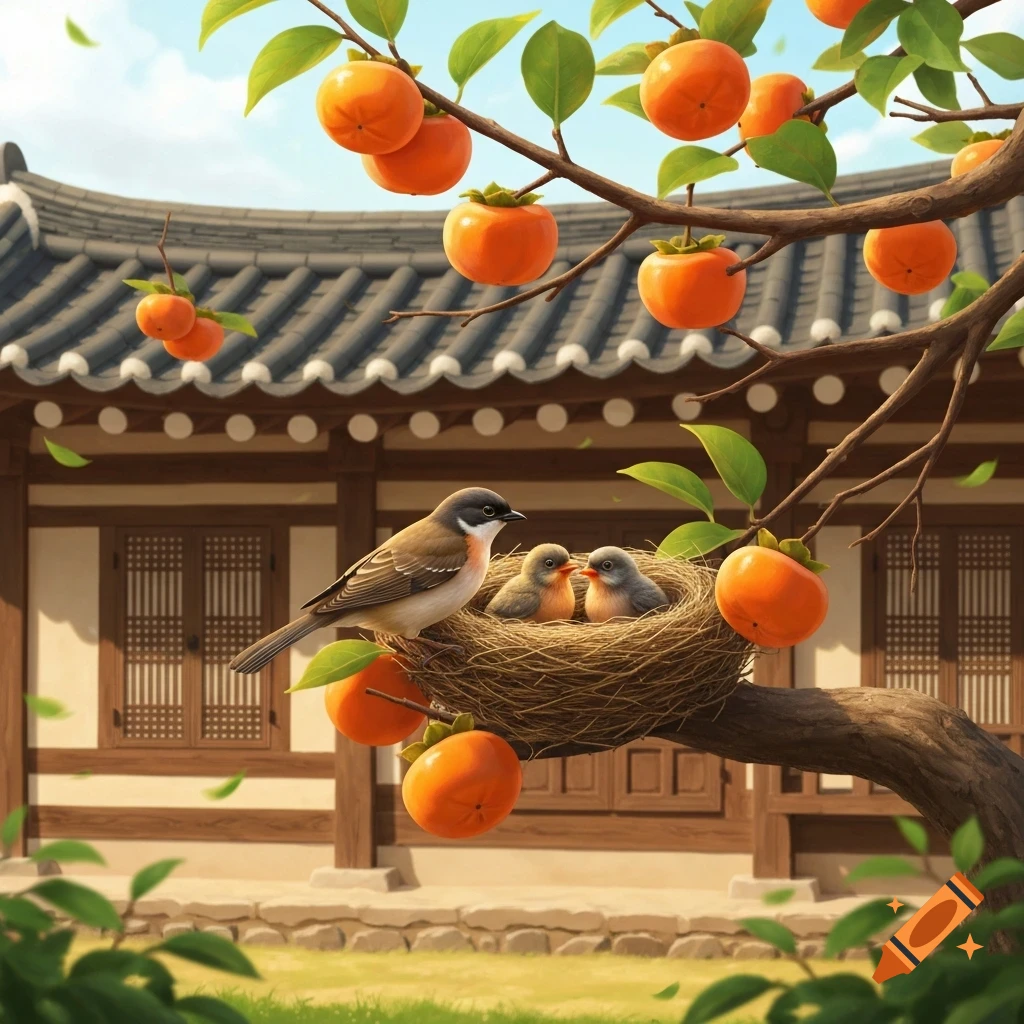 An illustration of a bird and two chicks in a nest on a persimmon tree laden with fruit, set in front of a traditional Korean house.