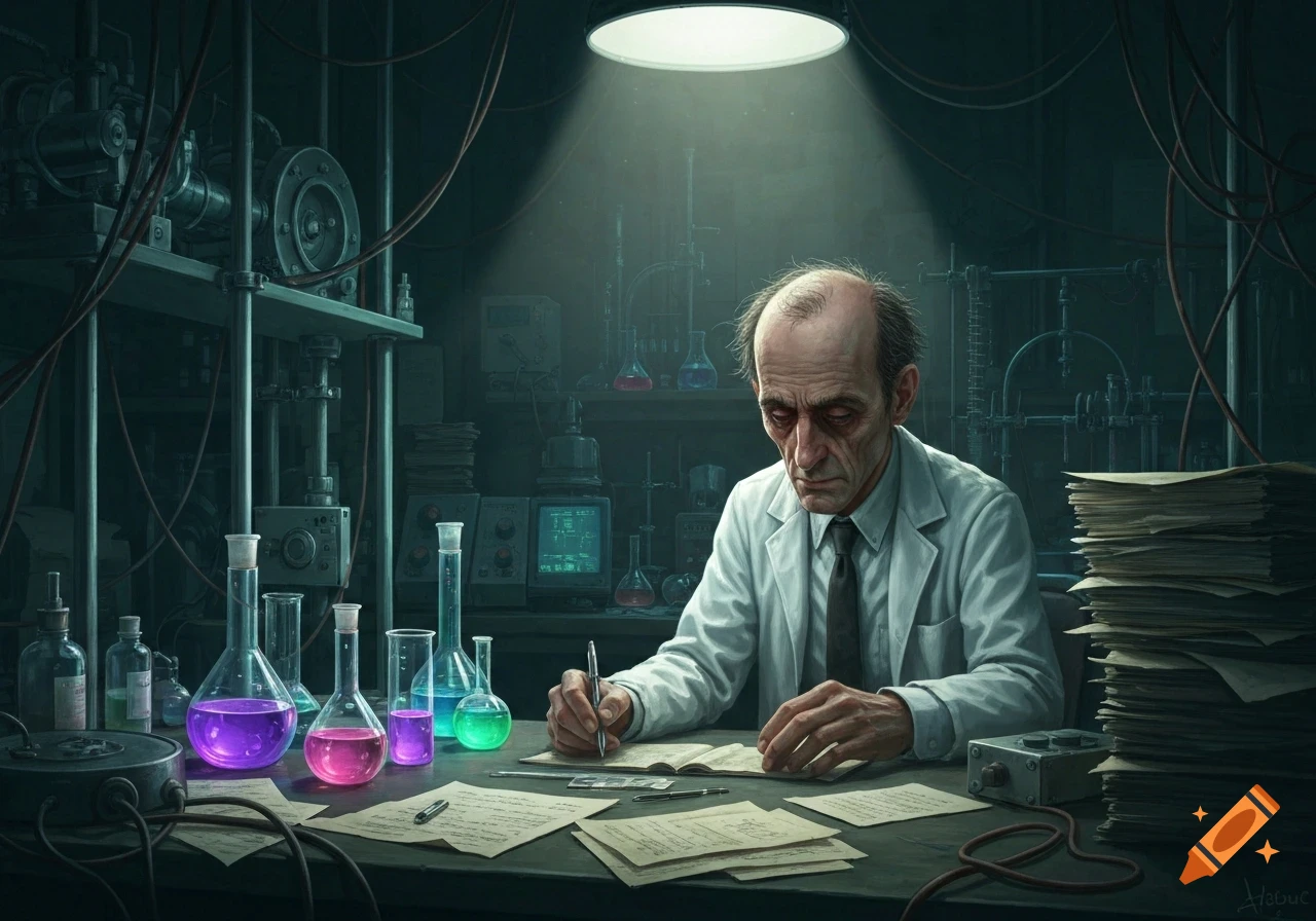 A gaunt, tired scientist in a lab coat writes at a desk surrounded by colorful beakers and complex machinery.