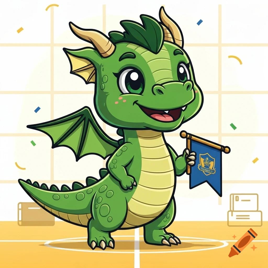 A cute green cartoon dragon with a happy expression, holding a blue flag with an illegible logo, standing on a yellow court-like surface.