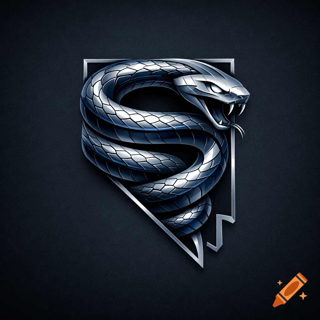 A stylized metallic silver and blue snake logo, coiled within a geometric silver frame on a dark background.