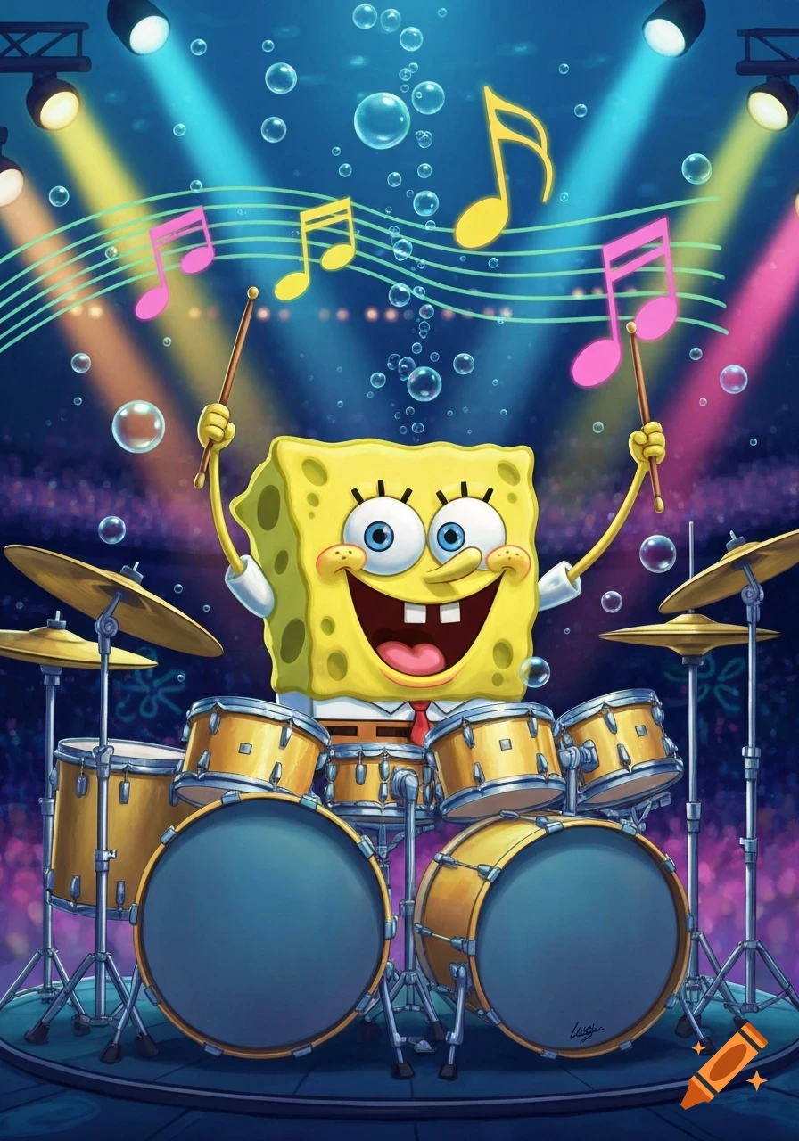 SpongeBob SquarePants happily plays a drum kit on a stage under colorful spotlights with musical notes and bubbles.