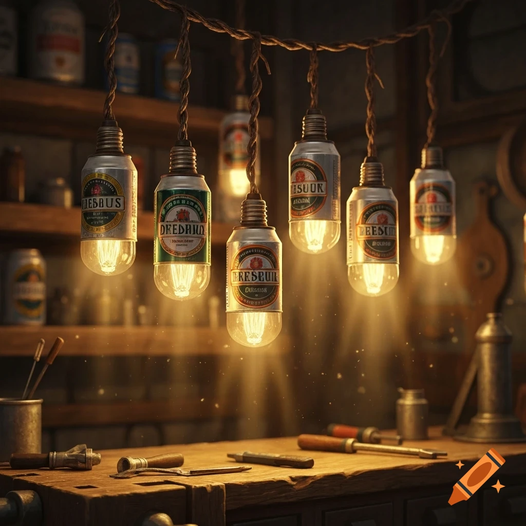 Upcycled beer can lightbulbs hanging in a rustic workshop, casting a warm glow on tools on a wooden bench.