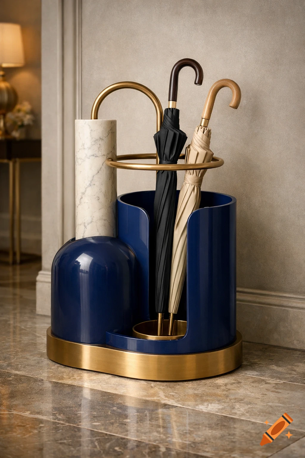 A modern sculptural umbrella stand in navy blue lacquer, white marble, and brushed brass, holding black and beige umbrellas.