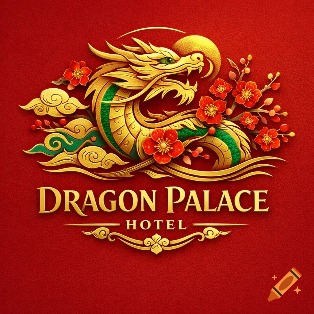 A golden dragon logo with green accents and red flowers, over the text 'DRAGON PALACE HOTEL' on a textured red background.