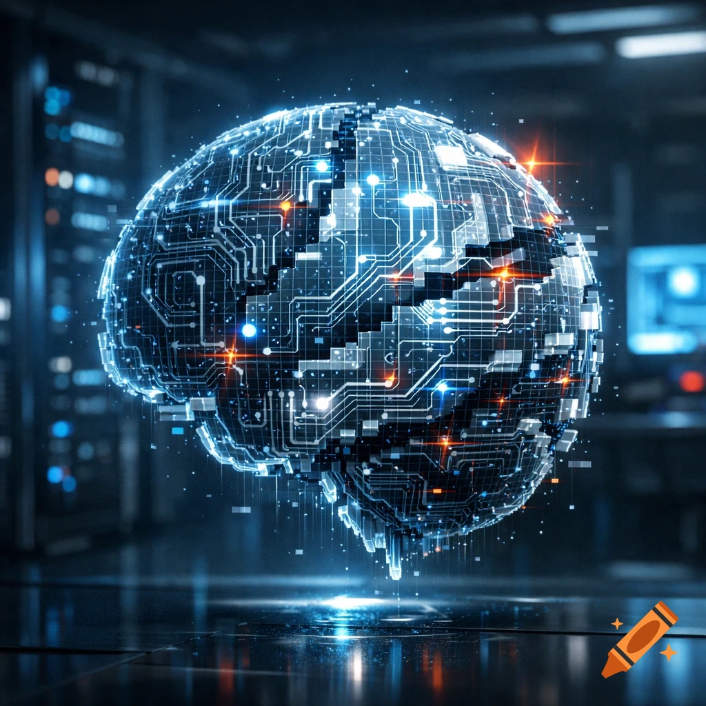 Glowing, futuristic human brain composed of interconnected circuit boards and light trails in a dark, high-tech setting.