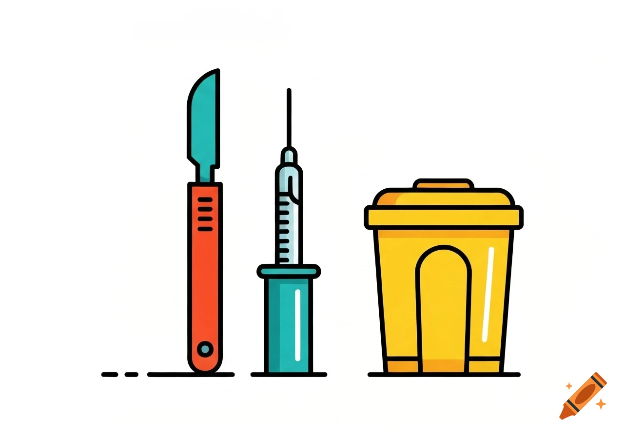 Flat vector illustration of a red-orange scalpel, a teal-blue syringe, and a yellow sharps bin on a white background.