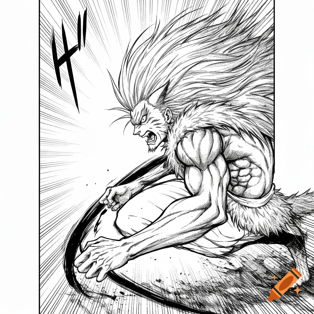 Black and white manga panel of a fierce, muscular, animal-like warrior with long flowing hair in a dynamic crouching pose.