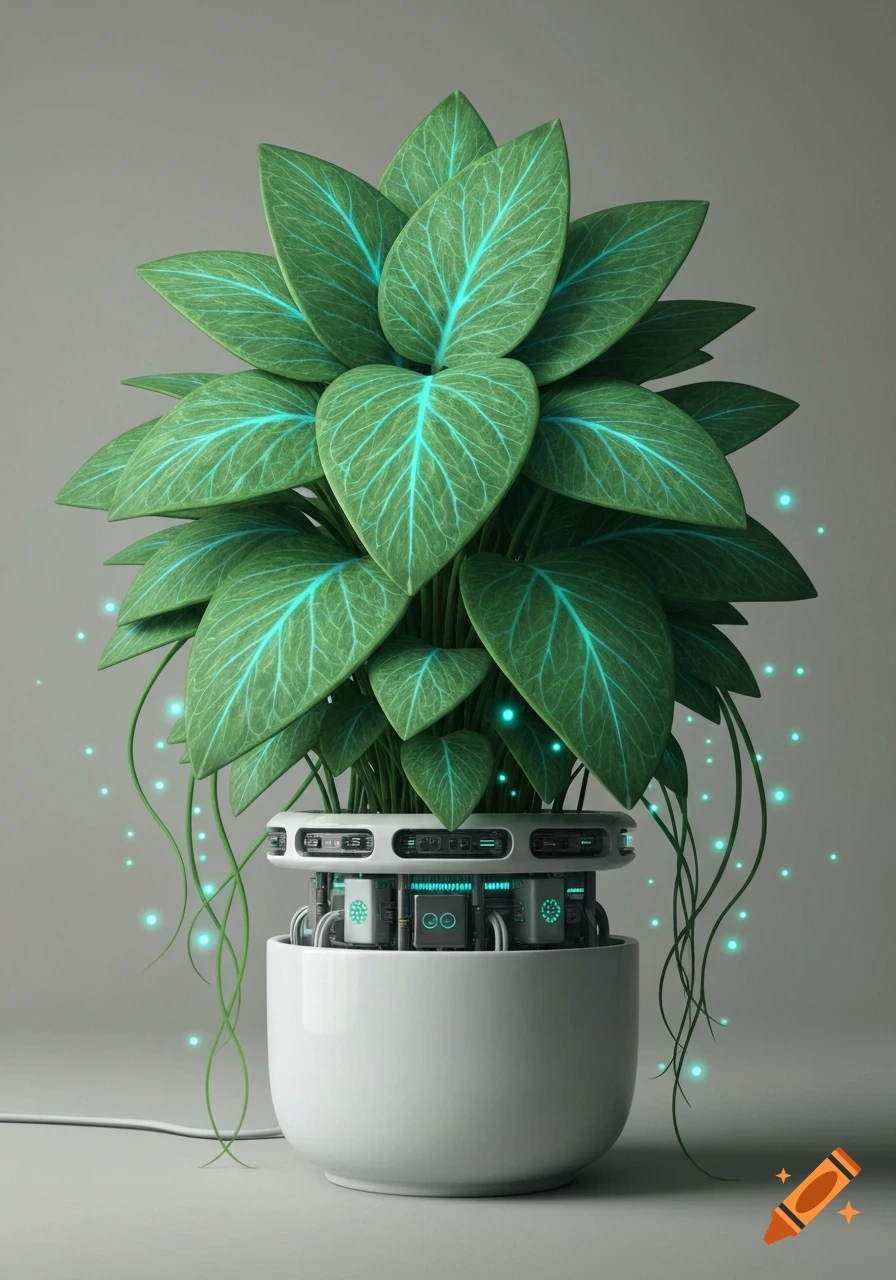 A futuristic houseplant with glowing blue veins and mechanical components in its white pot, against a gray background.