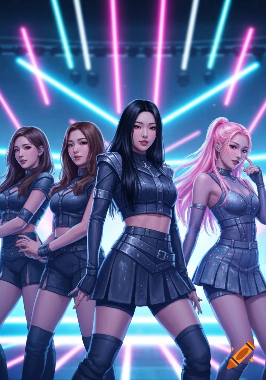 Four KPOP idol-style women in matching dark, futuristic outfits pose on a stage illuminated by neon blue and pink lights. Digital art.